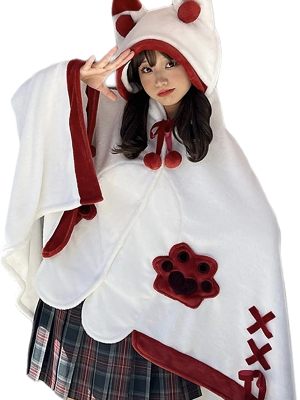 Anime Teen Adult Fleece White & Red Plush Fox Paw Hooded Cape Costume
